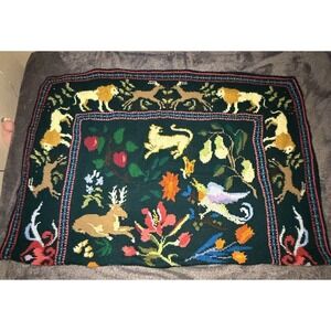 Vintage Crocheted Animal Afghan Blanket 60x86 Folk Art Deer Floral